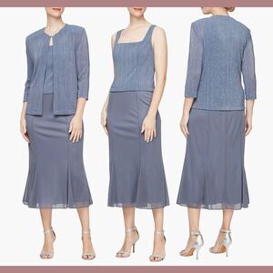 NWT Alex Evenings [ 12 ] Glitter Pleated Two-Piece Midi Dress‎ with Jacket Steel